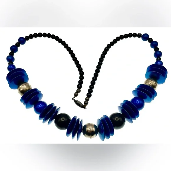 3 for $30 Vintage 1980s Blue Black and SilverTone Long Beaded Statement Necklace - Picture 7 of 7